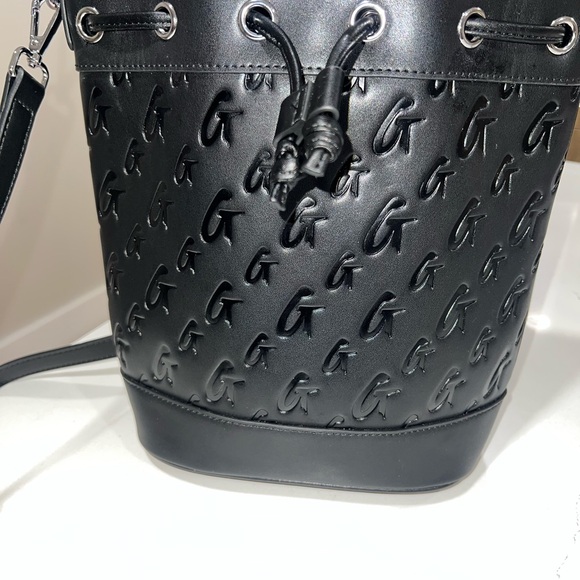 Black Leather Drawstring Backpack with Embossed Pattern - Picture 2 of 2